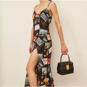 Reformation V-Neck Postcards Midi Dress Black Multicolor Size 2